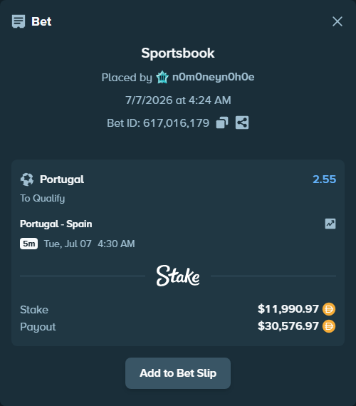 Bet slip: Portugal - Spain, $11,990.97 stake at 2.55 odds, placed by n0m0neyn0h0e