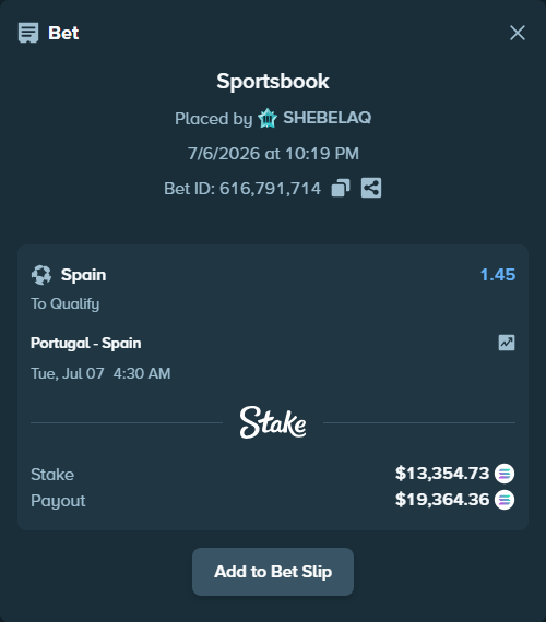 Bet slip: Portugal - Spain, $13,588.71 stake at 1.45 odds, placed by SHEBELAQ