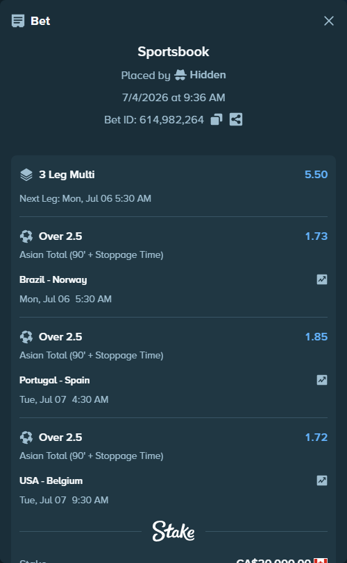 Bet slip: Portugal - Spain, $14,800.00 stake at 1.85 odds, placed by Hidden
