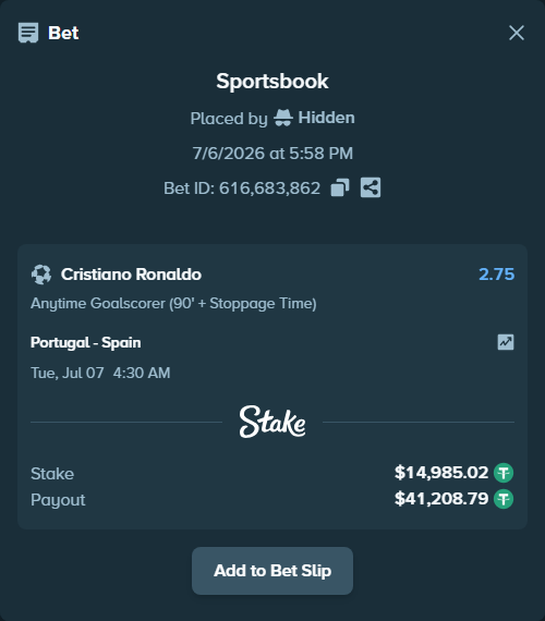Bet slip: Portugal - Spain, $15,000.00 stake at 2.75 odds, placed by Hidden