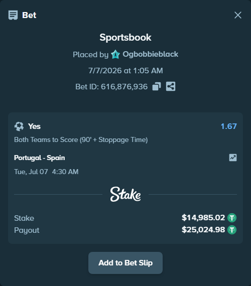 Bet slip: Portugal - Spain, $15,000.00 stake at 1.67 odds, placed by Ogbobbieblack