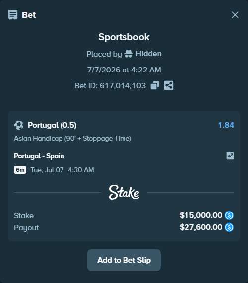 Bet slip: Portugal - Spain, $15,000.00 stake at 1.84 odds, placed by Robing001