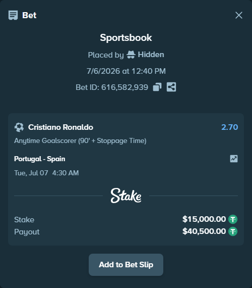 Bet slip: Portugal - Spain, $15,015.00 stake at 2.70 odds, placed by Hidden