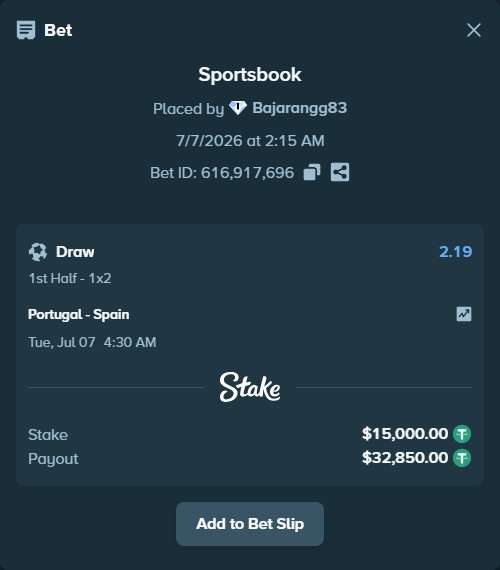 Bet slip: Portugal - Spain, $15,015.00 stake at 2.19 odds, placed by Bajarangg83