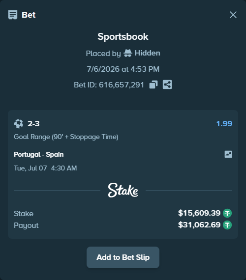 Bet slip: Portugal - Spain, $15,625.00 stake at 1.99 odds, placed by Hidden