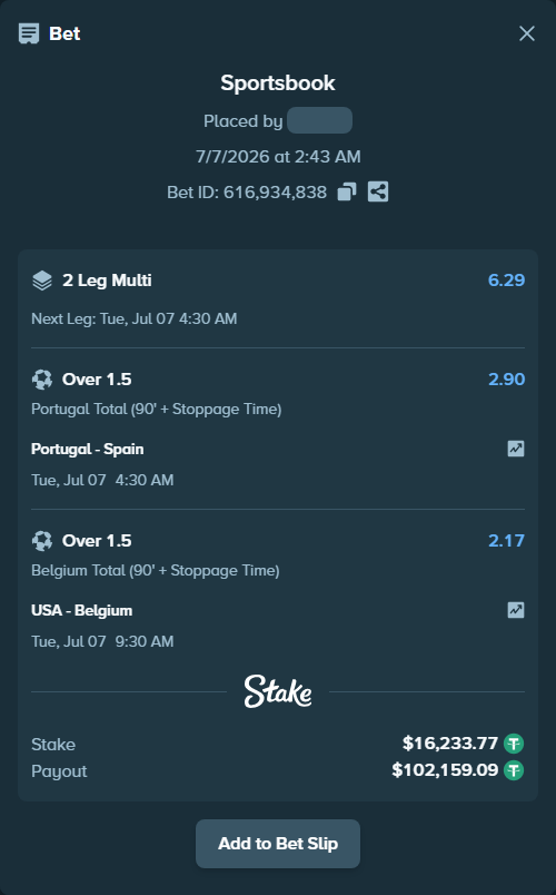 Bet slip: Portugal - Spain, $16,250.00 stake at 2.90 odds, placed by Paata09