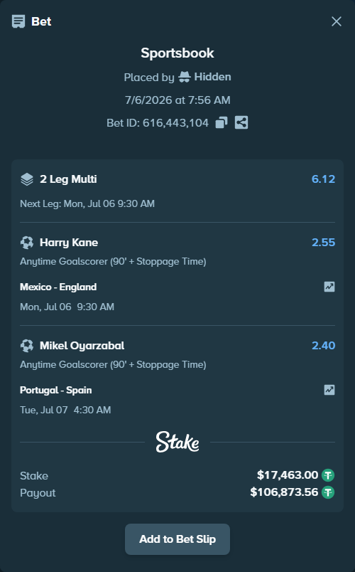 Bet slip: Portugal - Spain, $17,480.46 stake at 2.40 odds, placed by Hidden