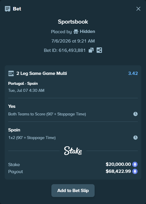 Bet slip: Portugal - Spain, $19,962.43 stake at 1.67 odds, placed by Hidden