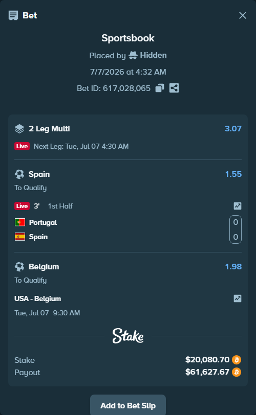 Bet slip: Portugal - Spain, $20,227.53 stake at 1.55 odds, placed by Hidden