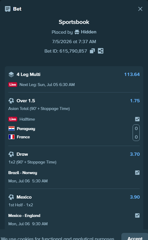 Bet slip: Portugal - Spain, $21,643.03 stake at 4.50 odds, placed by Hidden