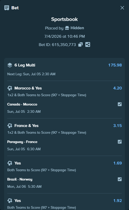 Bet slip: Portugal - Spain, $22,626.97 stake at 1.73 odds, placed by Hidden
