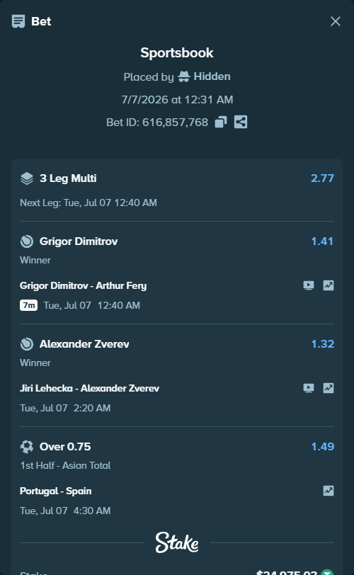 Bet slip: Portugal - Spain, $25,000.00 stake at 1.49 odds, placed by Hidden