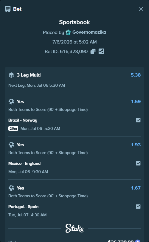 Bet slip: Portugal - Spain, $28,518.17 stake at 1.67 odds, placed by Governomazika