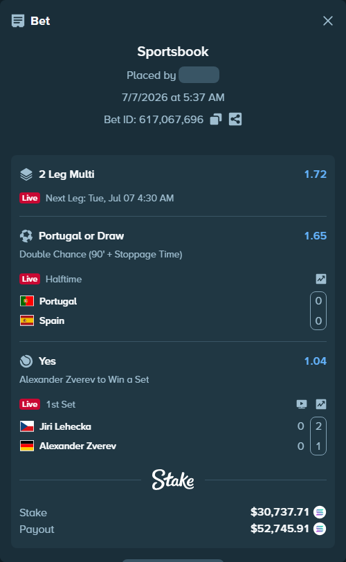 Bet slip: Portugal - Spain, $30,731.25 stake at 1.65 odds, placed by VTD