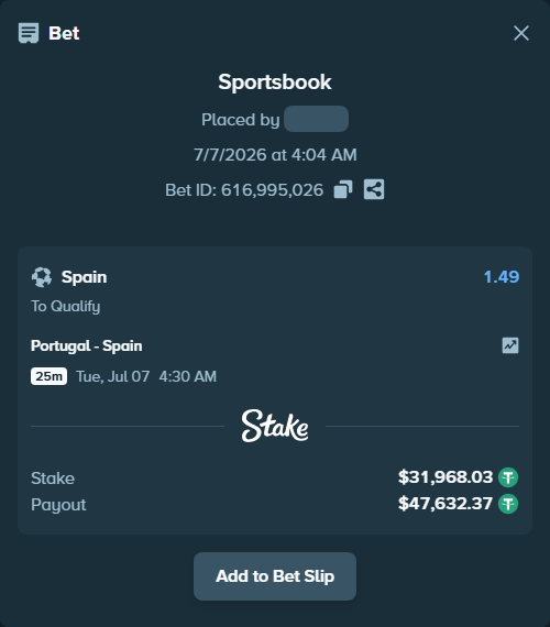 Bet slip: Portugal - Spain, $32,000.00 stake at 1.49 odds, placed by Thanoscape