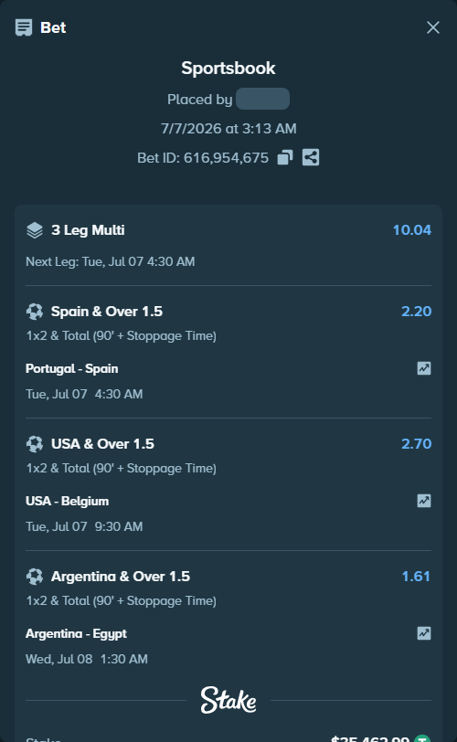 Bet slip: Portugal - Spain, $35,498.46 stake at 2.20 odds, placed by Bigfoltz
