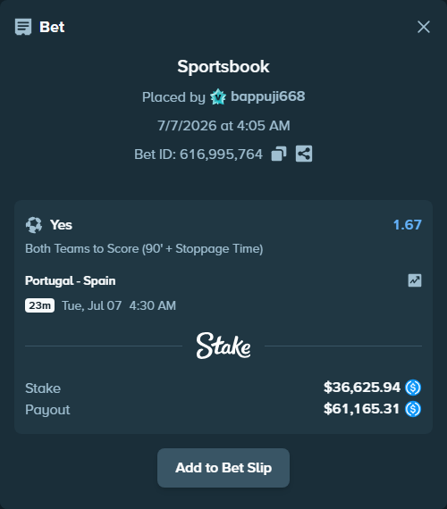 Bet slip: Portugal - Spain, $36,625.94 stake at 1.67 odds, placed by bappuji668