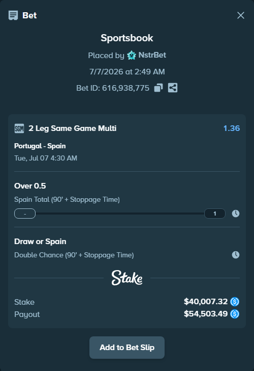 Bet slip: Portugal - Spain, $40,007.32 stake at 1.17 odds, placed by NstrBet