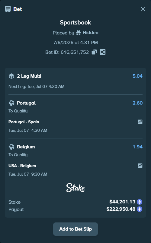 Bet slip: Portugal - Spain, $43,928.53 stake at 2.60 odds, placed by Hidden