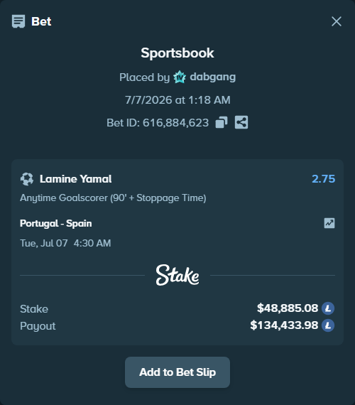 Bet slip: Portugal - Spain, $49,650.14 stake at 2.75 odds, placed by dabgang