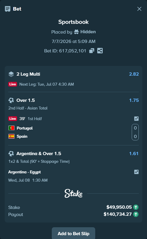 Bet slip: Portugal - Spain, $50,000.00 stake at 1.75 odds, placed by Hidden