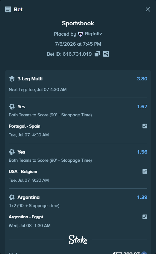 Bet slip: Portugal - Spain, $58,436.55 stake at 1.67 odds, placed by Bigfoltz