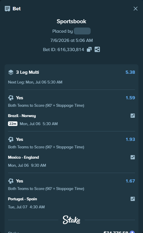 Bet slip: Portugal - Spain, $79,808.81 stake at 1.67 odds, placed by Governomazika