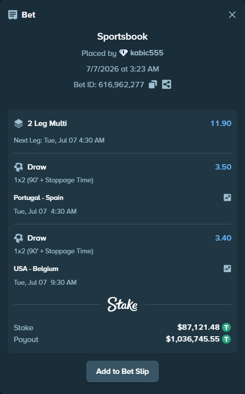 Bet slip: Portugal - Spain, $87,208.60 stake at 3.50 odds, placed by kabic555