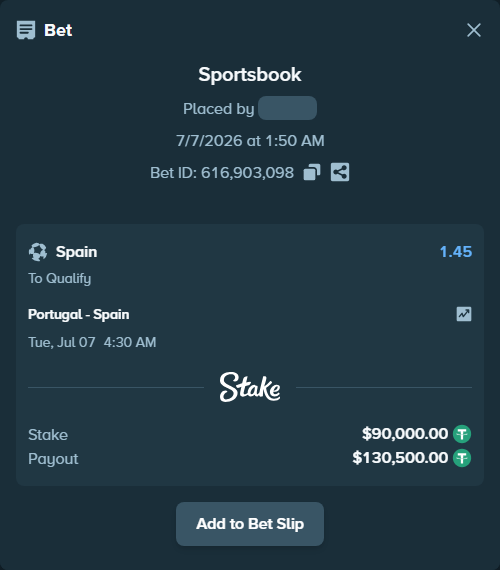 Bet slip: Portugal - Spain, $90,090.00 stake at 1.45 odds, placed by Bajarangg83