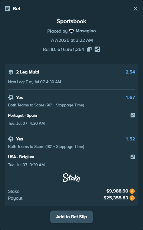 Bet slip: Portugal - Spain, $10,021.53 stake at 1.67 odds, placed by Masegino