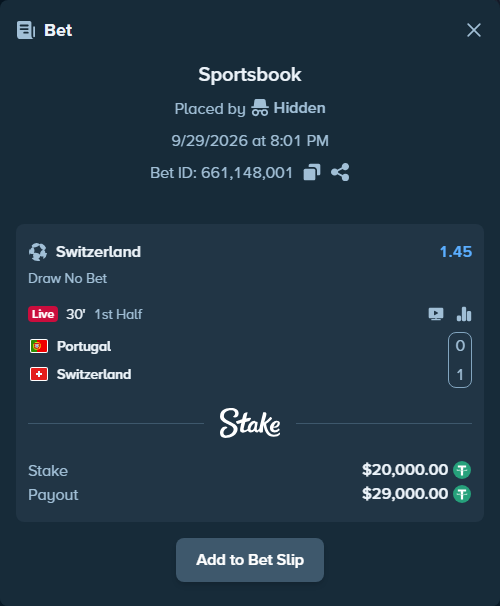 Bet slip: Portugal - Switzerland, $20,000.00 stake at 1.45 odds, placed by Hidden