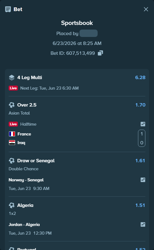 Bet slip: Portugal - Uzbekistan, $10,000.00 stake at 1.52 odds, placed by ArdianHertica