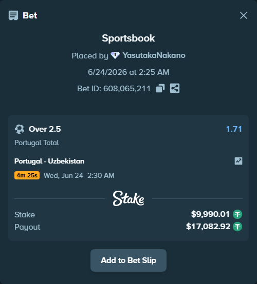 Bet slip: Portugal - Uzbekistan, $10,000.00 stake at 1.71 odds, placed by YasutakaNakano