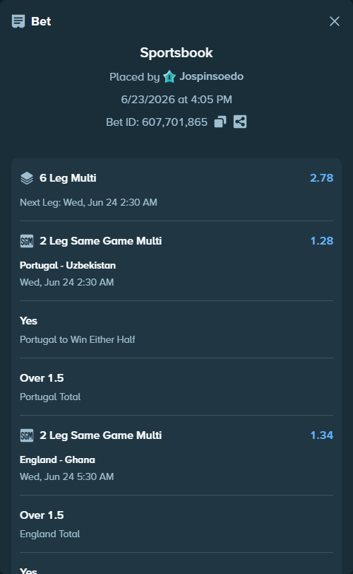 Bet slip: Portugal - Uzbekistan, $12,704.66 stake at 1.09 odds, placed by Jospinsoedo