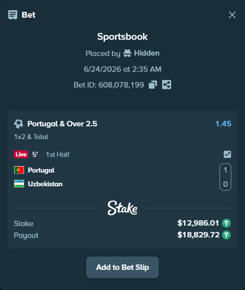 Bet slip: Portugal - Uzbekistan, $12,999.00 stake at 1.45 odds, placed by YasutakaNakano