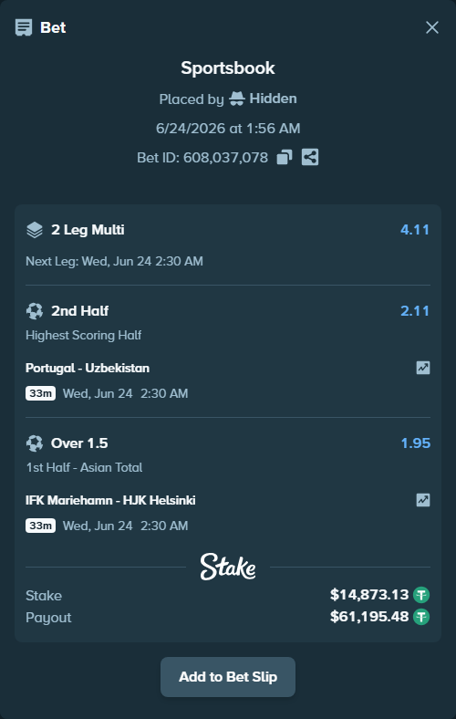 Bet slip: Portugal - Uzbekistan, $14,888.00 stake at 2.11 odds, placed by Hidden