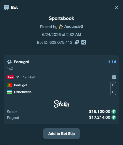Bet slip: Portugal - Uzbekistan, $15,115.10 stake at 1.14 odds, placed by Audunsiv3