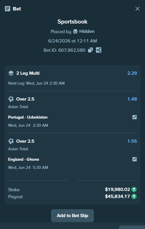 Bet slip: Portugal - Uzbekistan, $20,000.00 stake at 1.48 odds, placed by Champjoll