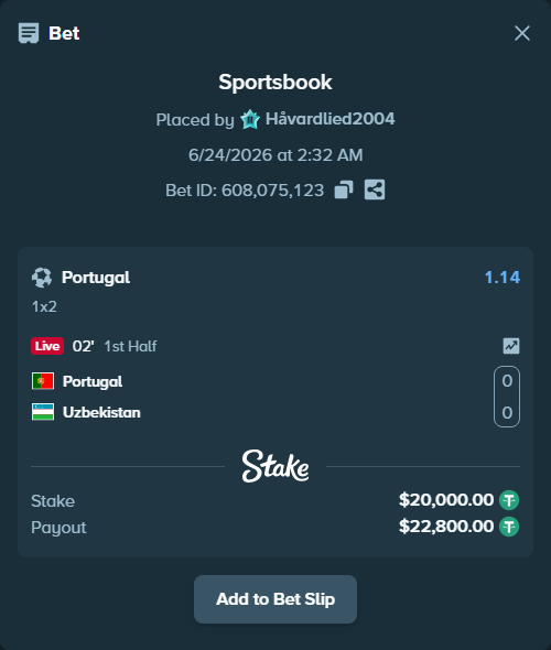 Bet slip: Portugal - Uzbekistan, $20,020.00 stake at 1.14 odds, placed by Håvardlied2004