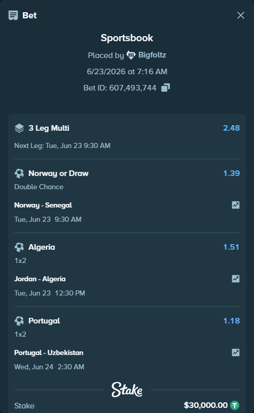Bet slip: Portugal - Uzbekistan, $30,030.00 stake at 1.18 odds, placed by Bigfoltz