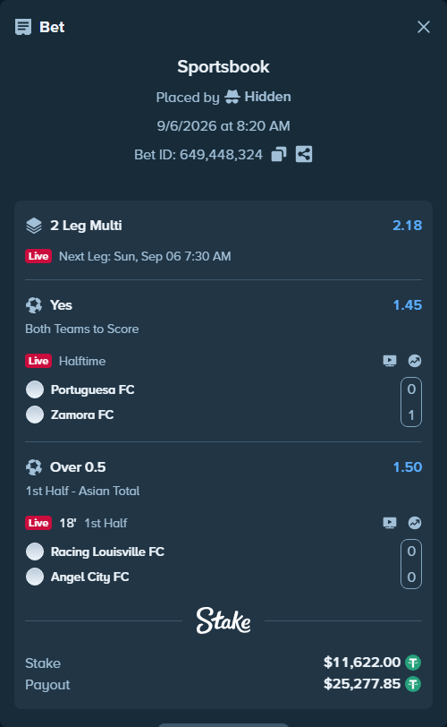 Bet slip: Portuguesa FC - Zamora FC, $11,620.84 stake at 1.45 odds, placed by Hidden