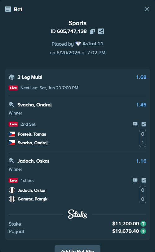 Bet slip: Postelt, Tomas - Svacha, Ondrej, $11,711.70 stake at 1.45 odds, placed by AsTraL11