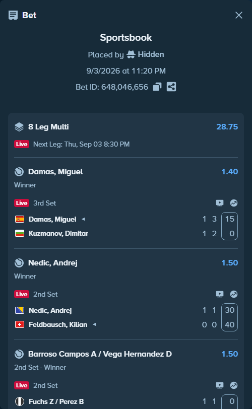 Bet slip: Potenza, Luca - Joel Schwaerzler, $10,096.00 stake at 1.45 odds, placed by Hidden
