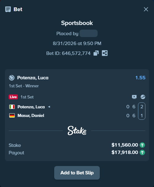 Bet slip: Potenza, Luca - Masur, Daniel, $11,560.00 stake at 1.55 odds, placed by diomancy