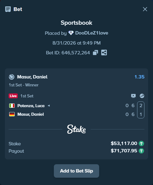 Bet slip: Potenza, Luca - Masur, Daniel, $53,117.00 stake at 1.35 odds, placed by DooDLeZ1love