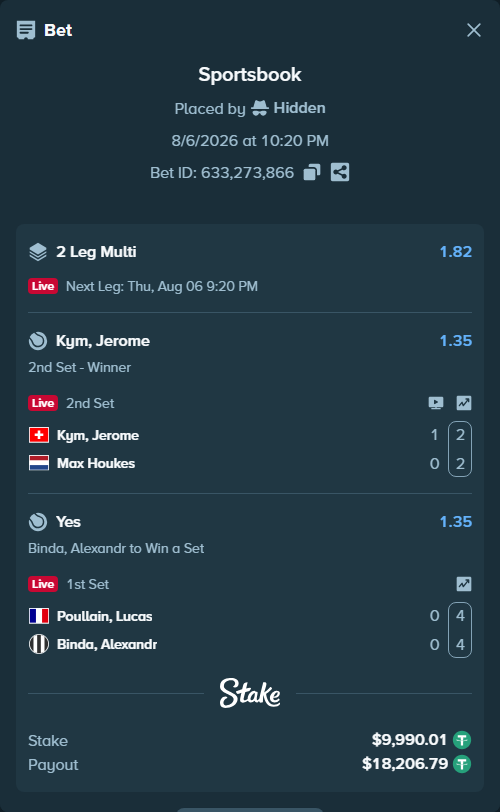 Bet slip: Poullain, Lucas - Binda, Alexander, $10,000.00 stake at 1.35 odds, placed by Hidden