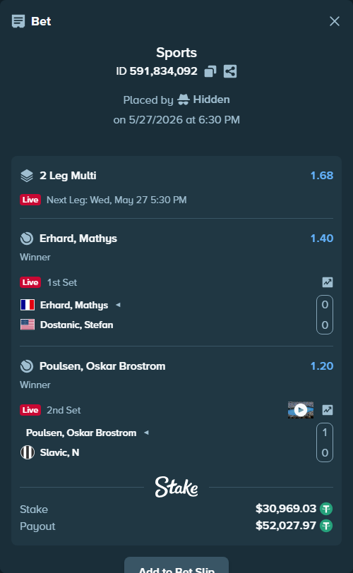 Bet slip: Poulsen, Oskar Brostrom - Slavic, N, $31,000.00 stake at 1.20 odds, placed by Hidden