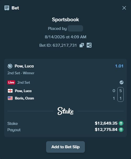 Bet slip: Pow, Luca - Baris, Ozan, $12,662.00 stake at 1.01 odds, placed by RyazheniyPetuh