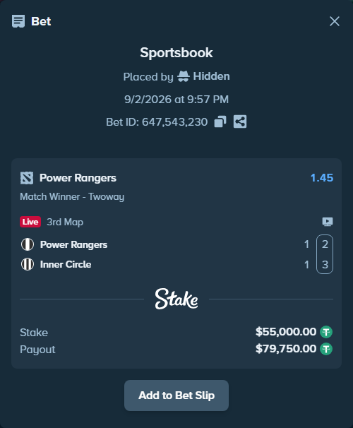 Bet slip: Power Rangers - Inner Circle, $55,000.00 stake at 1.45 odds, placed by Hidden