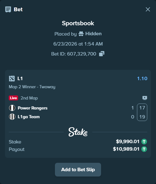 Bet slip: Power Rangers - L1, $10,000.00 stake at 1.10 odds, placed by Hidden